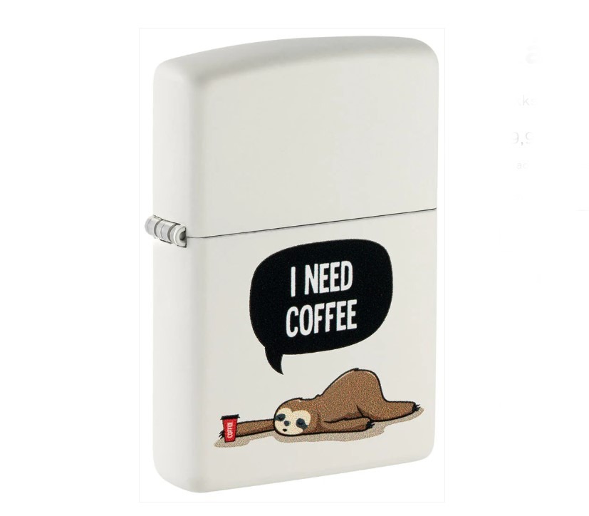 Zippo vajszínű benzines öngyújtó – “I Need Coffee” lajhár mintával